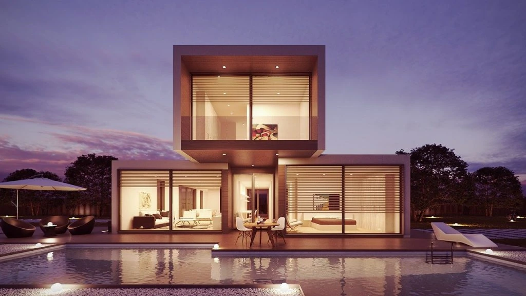 Maison contemporaine éclairée à la tombée du jour